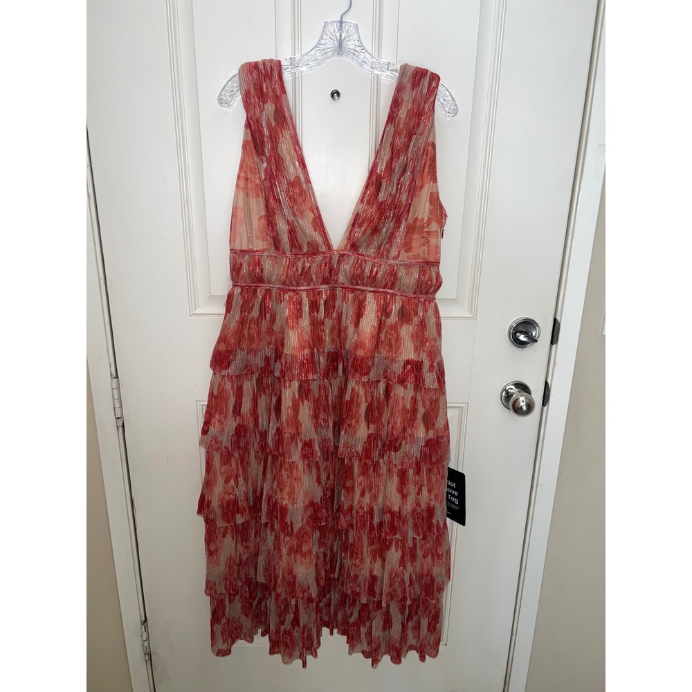 Lulus Valentia Magenta Plisse Sleeveless Romantic Tiered Midi Dress Sz XL